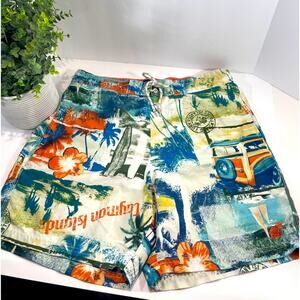 Men’s Swim Trunks Tropical Hawaiian Palm Trees Tiki Caribbean Joe’s Size L Large